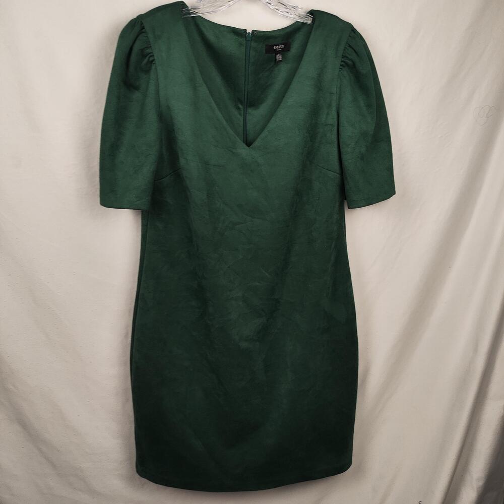 Guess Dress Womens 14 Green V Neck Puff Sleeve Sheath Knee Length Party Office